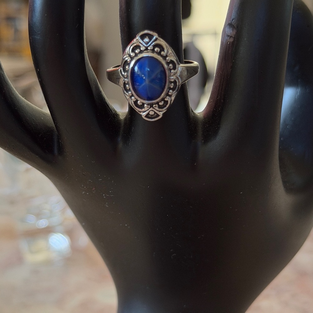 EUC~Vintage Women’s Size 6.5 Silver Tone Blue Bead Ring